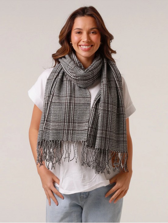 Houndstooth Print Blanket Scarf W/ Fringes